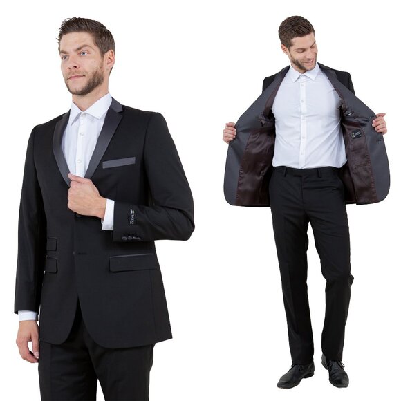 Mens Black Blazer Slim Fit w/ Satin Notch Lapel - Picture 1 of 4